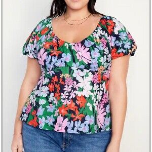 Old Navy NEW Babydoll Waist-Defined V-Neck Floral Top Size 2X 100% Cotton ￼